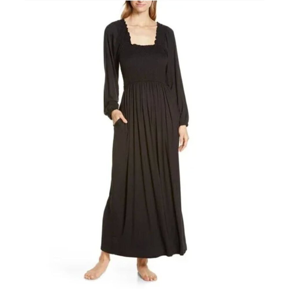 New NORDSTROM Women's Size M Moonlight Eco Long Sleeve Nightgown in Black